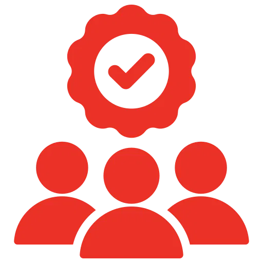 Three red icons with a checkmark in a gear above them, symbolizing team approval or verified group—ideal for a paving installer or interlocking paving crew in the Bay Area.