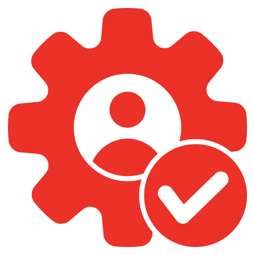 Red gear icon with a paving installer silhouette in the center and a check mark in a circle in the foreground, ideal for representing interlocking paving or paver contractor services.